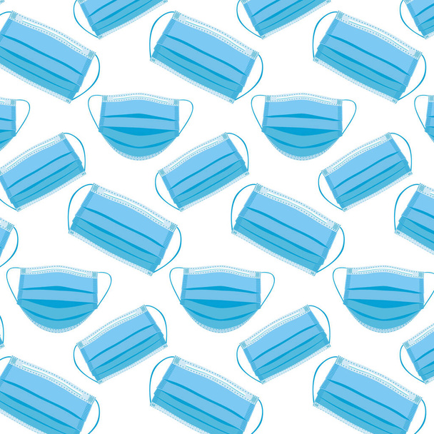 Pattern with blue medical face masks on white background. Flat cartoon style vector illustration. - Vettoriali, immagini
