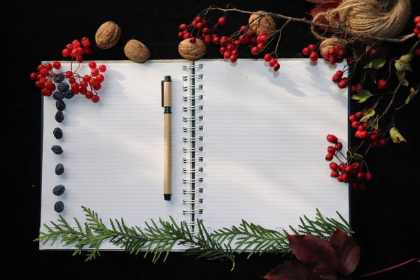 A blank notebook with pen and autumn decorations on black background - Φωτογραφία, εικόνα