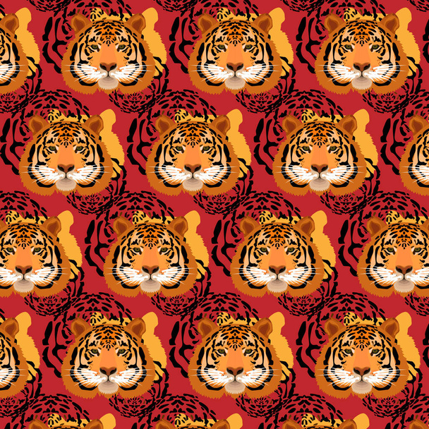 Pattern with tiger face, muzzles tiger with brown stripes, symbol of new 2022 year on red background. - Vector, Image
