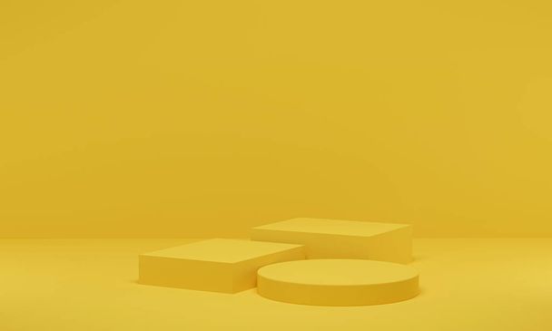 3 boyutlu görüntüleme. Ürün tanıtımı için sarı sahne geometrik şekil podyumu. Boş alanı olan soyut minimalist tasarım. - Fotoğraf, Görsel