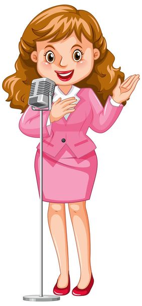 Female speaker with microphone on white background illustration - Vector, Image