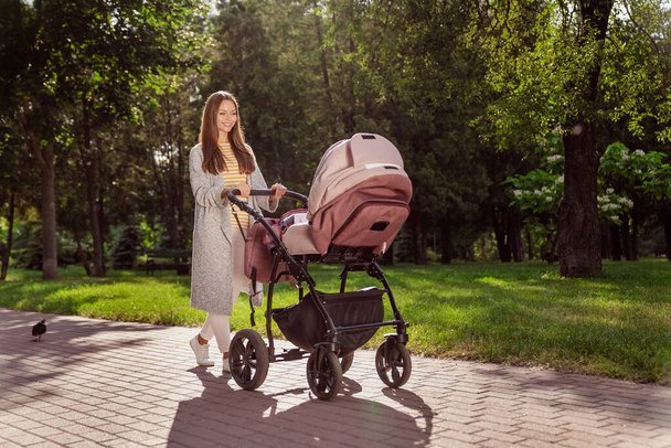 Фотографія повного розміру тіла молода мати посміхається ходити в міському парку з дитячою каретою в сірому кардигані
 - Фото, зображення