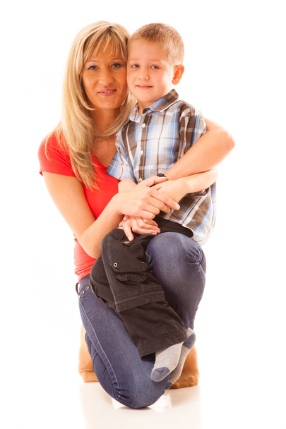 Portrait happy mature mother with child 6 years boy isolated - Фото, изображение