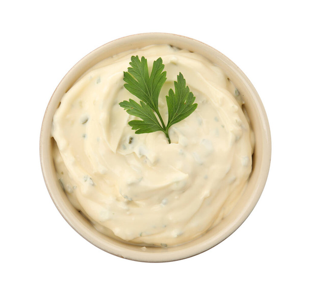 Tartar sauce in bowl isolated on white, top view - Foto, Bild