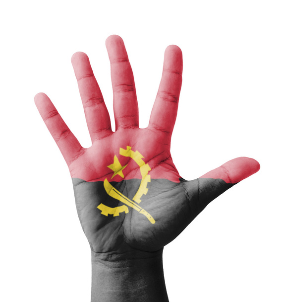 Open hand raised, multi purpose concept, Angola flag painted - i - Photo, Image