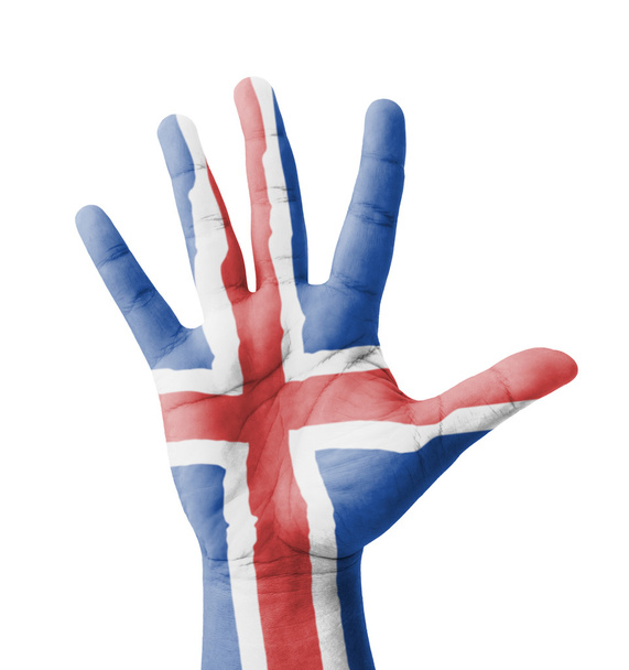 Otwarta ręka podniesiona, koncepcja wielozadaniowa, malowana flaga Islandii -  - Zdjęcie, obraz