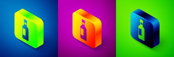 Isometric Bottle of wine icon isolated on blue, purple and green background. Square button. Vector - Vector, Image