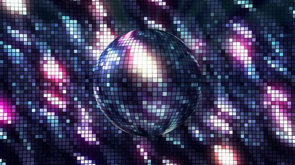 Bright background with rotating disco ball. Motion. Disco background with brilliant iridescent colors and rotating ball. Disco ball with beautiful color shimmers on repeating background - Photo, Image
