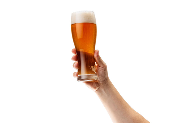 Cropped image of male hand holding glass of lager foamy beer isolated over white background - Valokuva, kuva