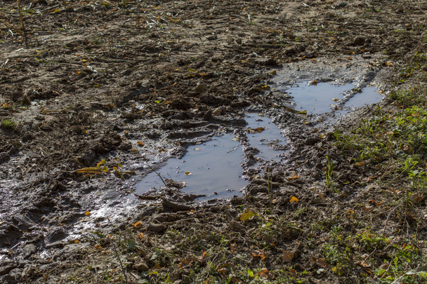 Aarde na regen en plas, natuurlijke landelijke achtergrond herfst regenachtige weer plassen van slush en modder - Foto, afbeelding