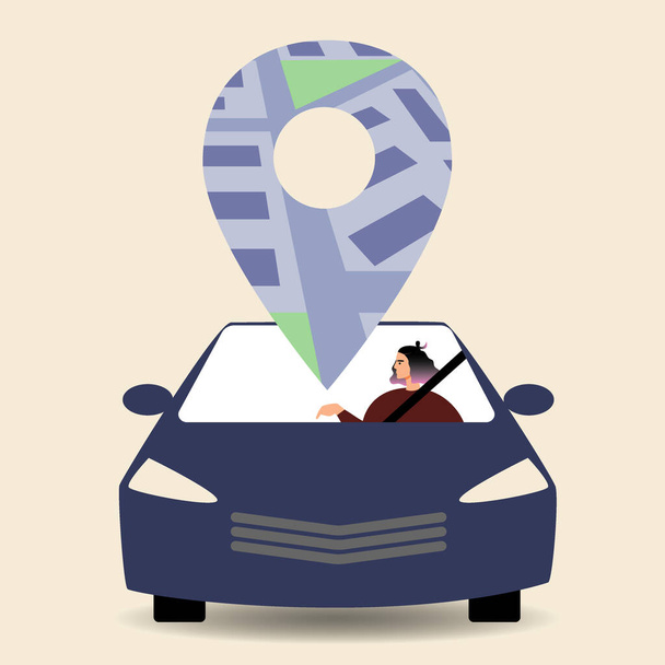 Carro gps isolado, motorista do sexo feminino, ilustração vetorial plana e estoques com navegação on-line ou tecnologias de detecção de caminho no mapa por GPS on-line - Vetor, Imagem