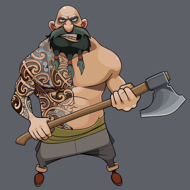 cartoon menacing bearded man with a muscular torso in tattoos stands with an ax in his hands - Wektor, obraz