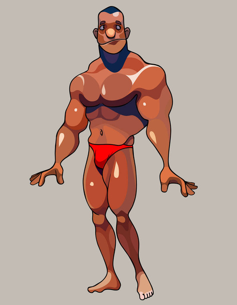 cartoon muscular man bodybuilder posing standing in red swimming trunks - Vektor, obrázek