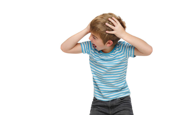 Little boy in striped clothes shouts emotionally with his head in his hands isolated on white background. - 写真・画像