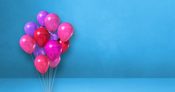 Pink balloons bunch on a blue wall background. Horizontal banner. 3D illustration render - Fotografie, Obrázek