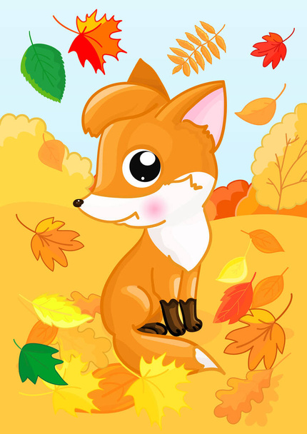 Raposa incrível com folhas. Estilo dos desenhos animados. Ilustração de outono com caráter foxy. - Vetor, Imagem