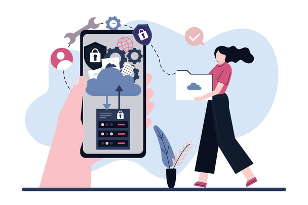 Cartoon woman carries files for uploading to cloud storage. Hand holding phone with app. Cloud computing and network services. Hosting stage service. Data storage and processing. Vector illustration - ベクター画像