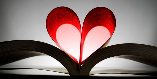 Book with heart shaped pages showing a love of reading books and learning panorama - 写真・画像