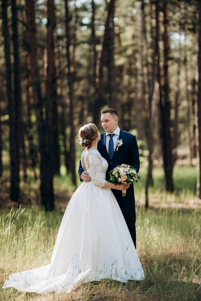 la novia y el novio están caminando en un bosque de pinos en un día brillante - Foto, Imagen