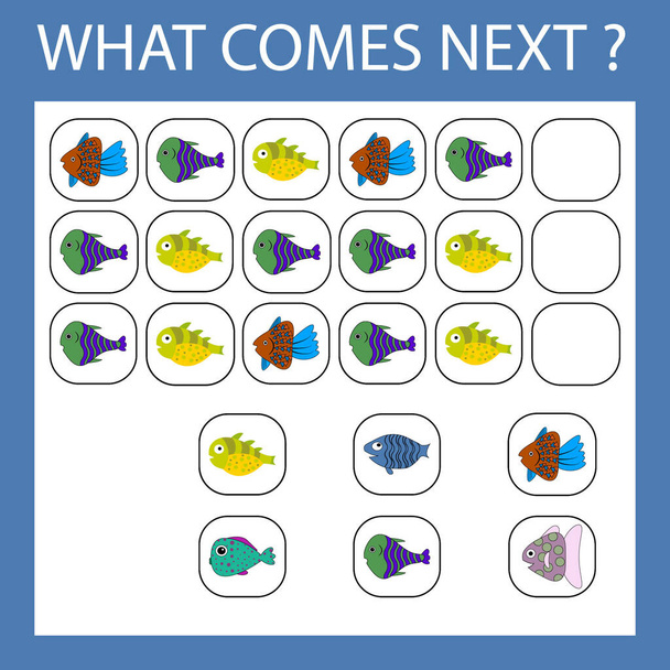 La actividad educativa para los niños - hacer la cadena lógica de los peces de colores. ¿Qué fruta es la siguiente? - Foto, imagen