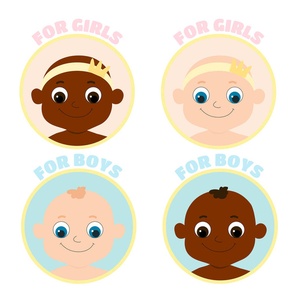 Baby boy and girl icons set. Children of African, African American and European races and text For boys and For girls. Illustration in cartoon style in gentle pastel colors.  - Vettoriali, immagini