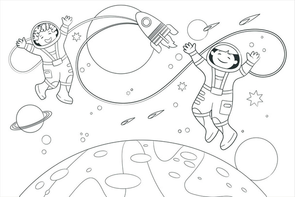 Kolorowanki książki dwóch młodych astronautów latać w przestrzeni na tle gwiazd i planet. Ilustracja wektor w stylu kreskówki, sztuki czarno-białej linii - Wektor, obraz