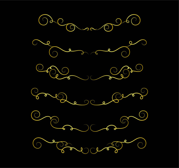 set of golden decorative elements on black background - Вектор,изображение