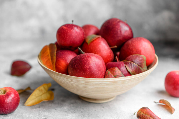 Beautiful fresh red apples with autumn leaves in a wooden vase on a light concrete table. Harvest season - Photo, image