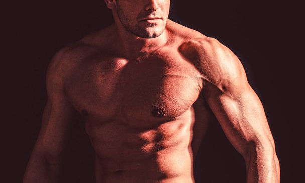 Torso muscular de cerca. Hombre musculoso y sexy con torso. Muscular modelo deportivo joven sobre fondo oscuro. Sensual hombre con desnudo fuerte ab - Foto, imagen