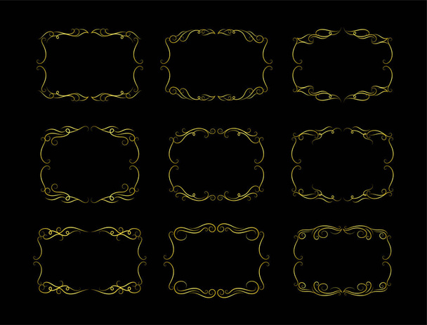 set of golden decorative elements on black background - Vektor, Bild
