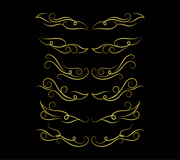 set of golden decorative elements on black background - Vektor, Bild