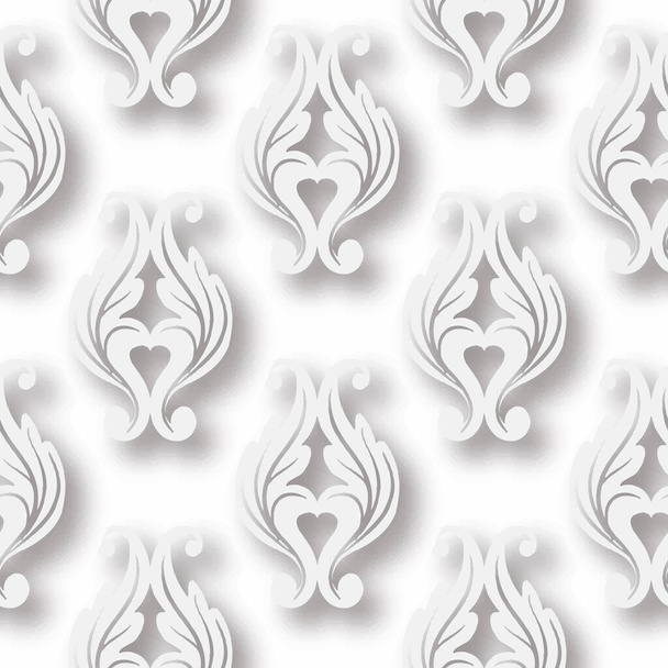 Floral white 3d seamless pattern. Vector Baroque style background. Damask ornament with white flowers, leaves. Ornate repeat texture. Decorative light backdrop. Luxury design with shadow and highlight - Διάνυσμα, εικόνα