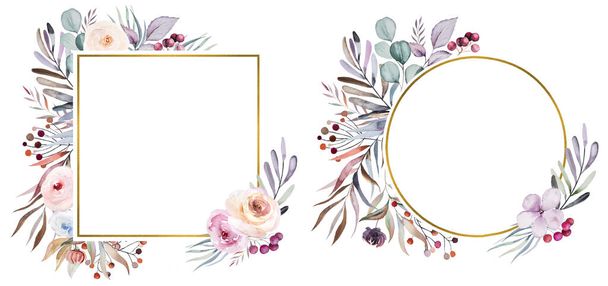 Winter bloemen Aquarel ronde en vierkante frames met pastel bladeren, bessen en bloemen geïsoleerd op wit. Bloemen blauw, paars en rood arrangement voor trouwkaarten, vakantie briefpapier, crafting - Foto, afbeelding