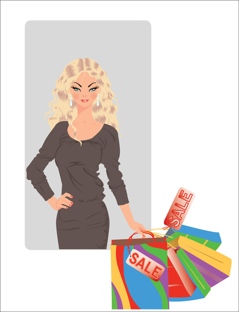 Sale time. Blonde girl with shopping bags. vector illustration - Вектор,изображение