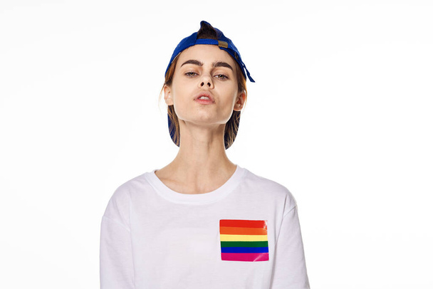 woman with lgbt flag transgender community light background - Foto, imagen