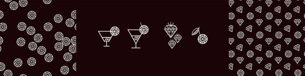 Ícones de bar de luxo preto e branco e padrões definidos. Elementos de linha de arte vetorial para cartão, cabeçalho, convite, cartaz, mídia social, publicação post - Vetor, Imagem