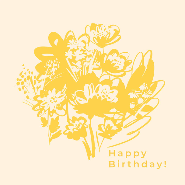 Shabby sketch bouquet silhouette in honey yellow color. Summer meadow flowers for print, web, fabric, surface design. Floral Birthday card. - Vektor, Bild