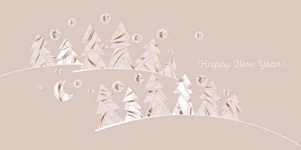 Plantilla de postal de árbol de Navidad de invierno de colores pastel de lujo. Bosque de Navidad vectorial con luna para tarjeta, invitación, impresión, paquete, diseño web. - Vector, Imagen