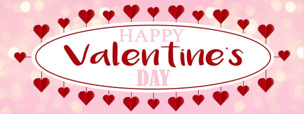 Happy Valentine 's Day Hintergrundvorlage Hintergrund Banner - Weiße Aufkleber in Form von Elypse von hängenden roten Papierherzen auf rosa Textur isoliert umgeben - Foto, Bild