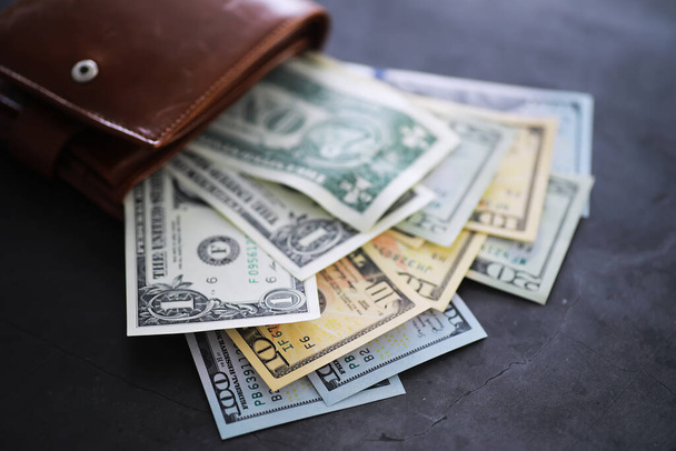 Cash money in a large pile as a finance background. Paper money close up. Top view - Foto, Imagem