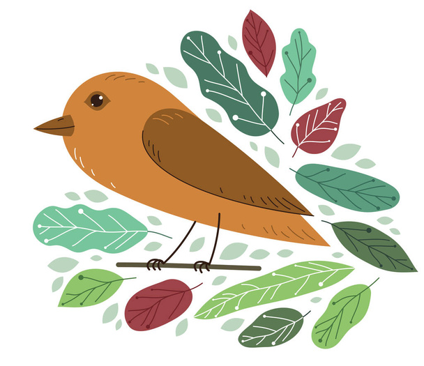 Small cute bird on a branch surrounded by leaves vector flat style illustration isolated on white background, beauty of nature concept. - Vecteur, image