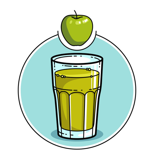 Green apple juice in a glass isolated on white background vector illustration, cartoon style logo or badge for pure fresh juice, diet food beverage delicious and healthy.  - Vector, Imagen