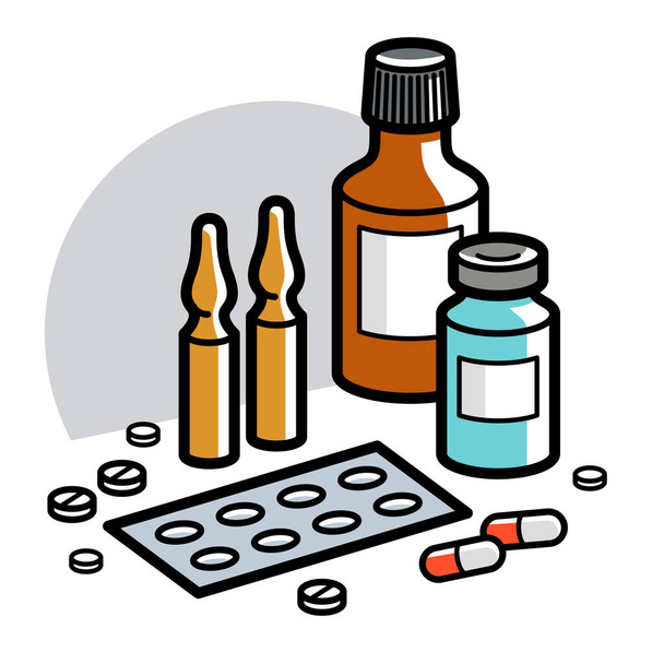 Medicine pharmacy theme medical bottles pills and ampules 3d vector illustration isolated, medicaments and drugs, health care meds cartoon, vitamins or antibiotics, simple linear design. - Vector, imagen