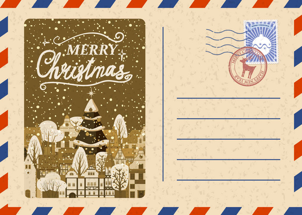 Christmas and Happy New Year greeting holiday postcard, old winter city xmas vintage background. Vector illustration invitation card retro - Vector, Image