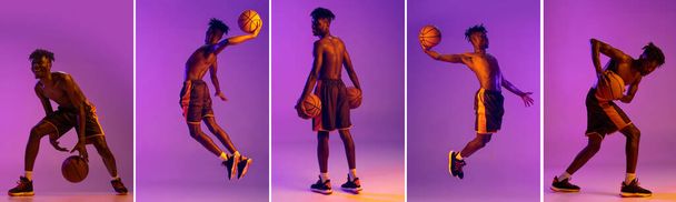 Collage of full-length vertical portraits of young african man, basketball player in action, motion with ball isolated over purple neon background. - Zdjęcie, obraz