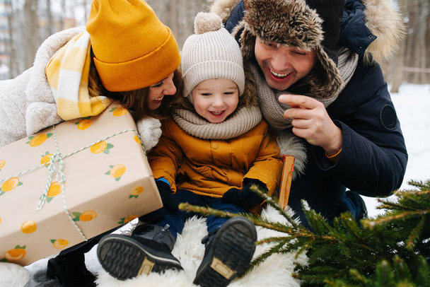 A family in a winter forest, a parent next to a baby in a sleigh, they cuddled together and laugh - Foto, Bild
