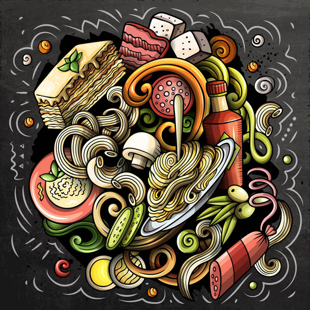 Cartoon raster doodles Italian Food illustration. Bunt, detailliert, mit vielen Objekten Hintergrund. Alle Objekte trennen sich. Kreidetafel italienische Küche lustiges Bild - Foto, Bild