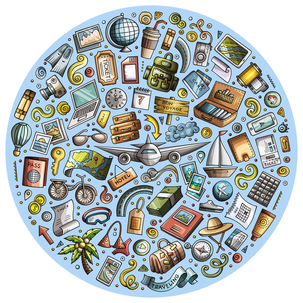 Kleurrijke raster hand getekend set van Travel cartoon doodle objecten, symbolen en items. Samenstelling ronde - Foto, afbeelding
