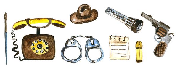 watercolor set of objects detective investigator detective criminal investigation - Photo, Image