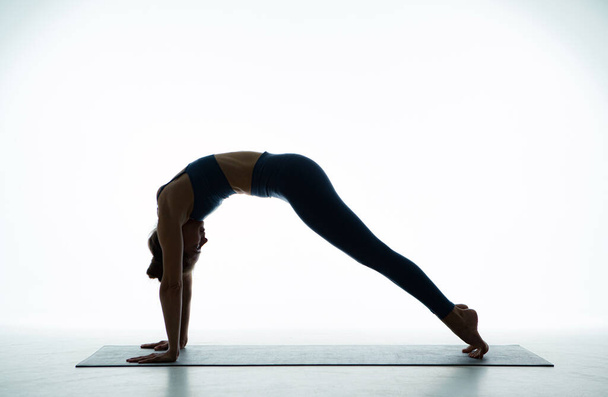 Woman training practice yoga asana perform facing dog pose, fit female do sports for wellness. Healthy lifestyle concept - Foto, Imagem
